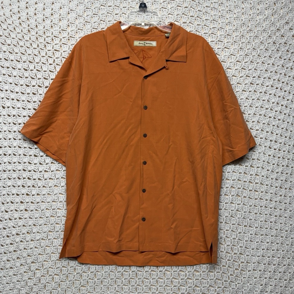 Tommy Bahama 100%Silk Shirt Mens L Orange Plaid Short Sleeve Button Up